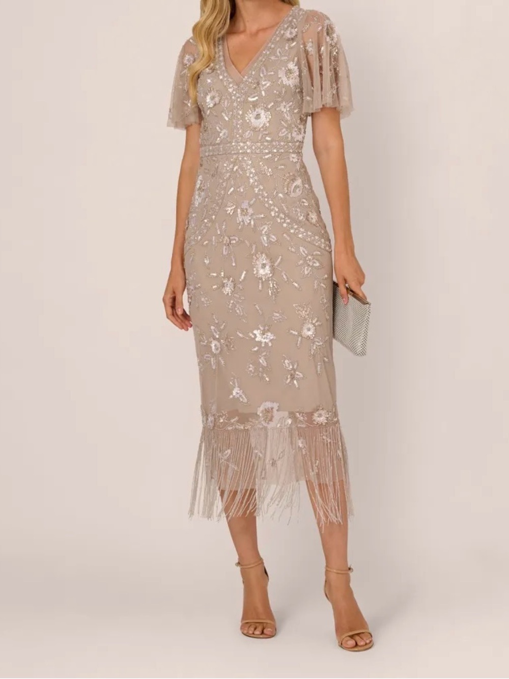 Adrianna Papell Flutter Sleeve Floral Beaded Fringe Midi Dress In Marble
